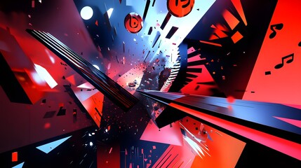 A visually striking 3D composition featuring abstract geometric forms integrated with music symbols, set against a high-tech backdrop with vivid colors and soft lighting effects 