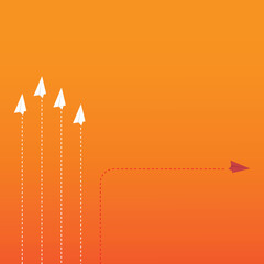 Think differently concept. Red airplane changing direction. Vector illustration	