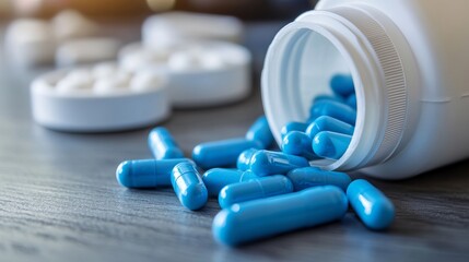 Blue capsules and a white bottle are often associated with medication and healthcare. The blue capsules may contain prescription drugs