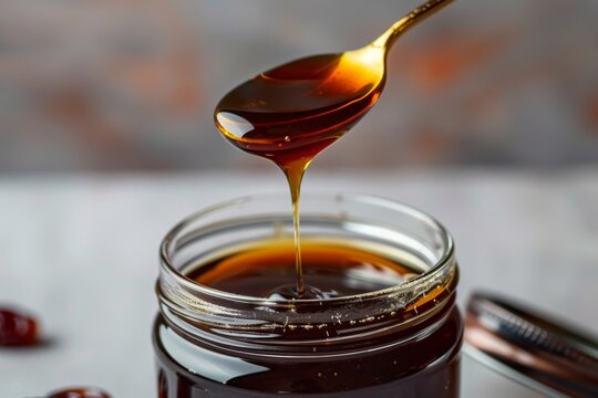 A jar of date syrup with a drizzle falling from a spoon, capturing its rich consistency . honey 