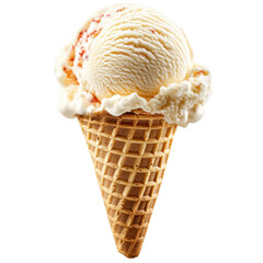 8. A single scoop of ice cream in a waffle cone, isolated on a white background, detailed with melting edges and rich, creamy textures