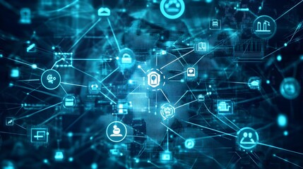 An abstract representation of financial technology services with interconnected service icons and data flows, depicting the integration of fintech solutions in a digital and dynamic environment 