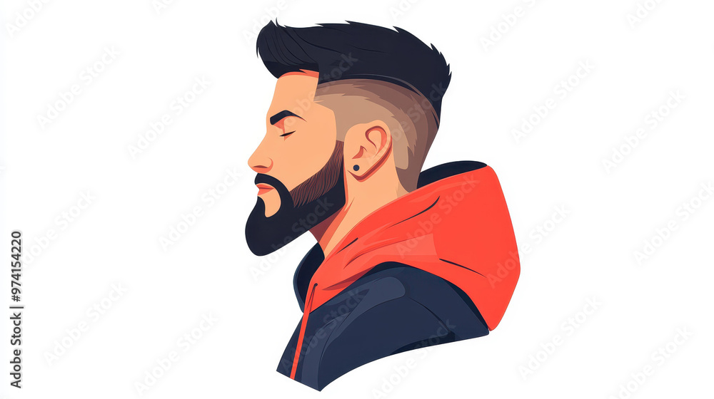 Poster a stylish young man with a detailed beard illustrated in a vibrant avatar style against a minimalist