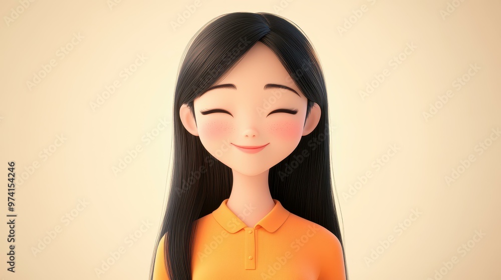 Poster A vibrant 3Drendered cartoon woman radiates joy in her orange shirt, capturing youthful happiness on a clean backdrop.