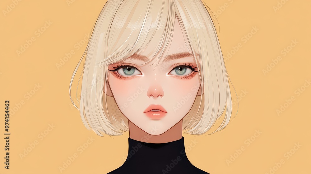 Canvas Prints A vibrant illustration of a cute anime girl with short hair, set against a minimalistic clean background for focus.