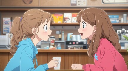 Two friends chat animatedly in a cozy cafe, sharing laughs and secrets over warm drinks in a lively atmosphere.