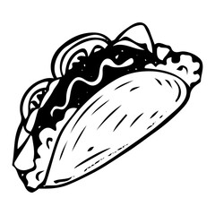 Taco hand drawn doodle. Tortilla with meat and vegetables. Folded in half wheat flatbread with filling. Snack fast food to go. Order in cafe. Time to eat. Vector sketch line art illustration.