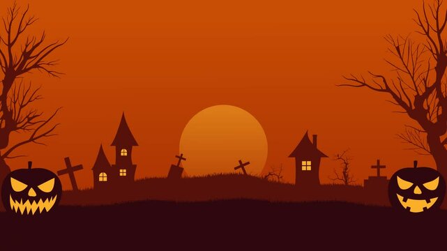 Halloween animation with witch house background and graveyard under dry tree, and spooky pumpkin. suitable for advertising animation, promotion or Halloween greeting.