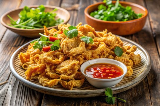 Delicious, crispy fried tripe, also known as chitlins or tripe fritters, served with a side of tangy dipping