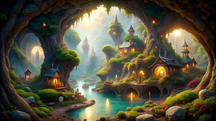 Obraz premium A dreamlike realm inhabited by miniature beings, nestled within the mysterious cave.