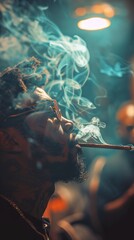 A man enjoying a smoke while surrounded by ethereal blue lighting at a nighttime gathering in an urban environment