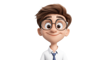 A cheerful young character in big glasses, shirt, and tie radiates positivity