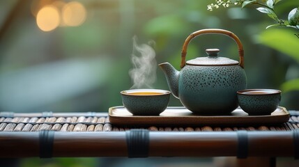 Preparing a teapot and cups on a rustic wooden table. 