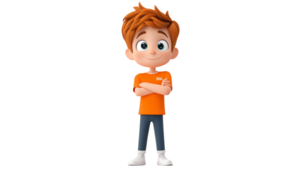 A lively figure with arms crossed wears a bright orange shirt and a friendly smile