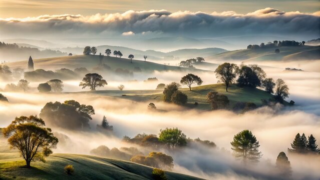Dense, eerie tule fog envelops a misty rural landscape, shrouding trees and rolling hills in a mysterious, softly