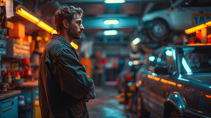 Fototapeta premium Young mechanic is working on a car in a repair shop