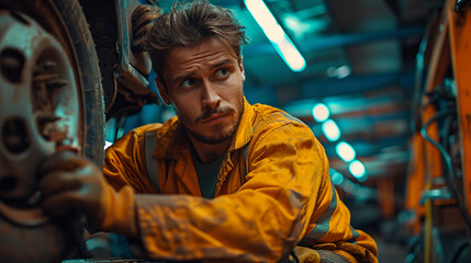 Young mechanic is working on a car in a repair shop