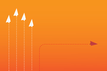 Think differently concept. Red airplane changing direction. 