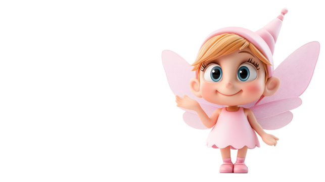A cute fairy character with pink wings and a friendly smile stands happily, inviting playfulness