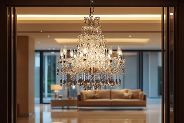 Luxurious crystal chandelier in a grand modern room, high-end decor.