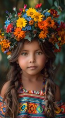 A little girl with long hair. Light brown skin, brown eyes. Peru nationality. She has a garden growing on top of her head, with colorful flowers