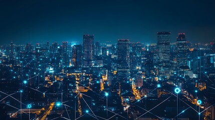 Naklejka premium A high-tech urban skyline illuminated by the glow of IoT-connected buildings and blockchain-secured infrastructure