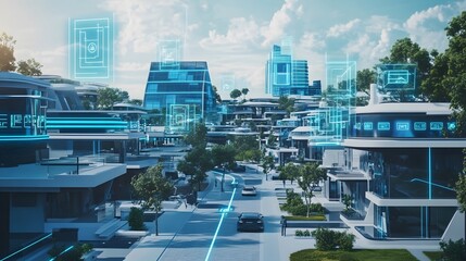 A futuristic residential district where blockchain ensures secure, automated home systems powered by IoT technology