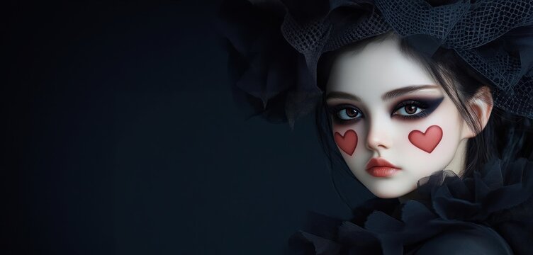 Gothic bride horror makeup with dark eyeshadow and adorable heart-shaped cheek markings, horror makeup gothic adorable, romantic horror