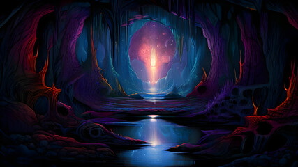 A dreamlike realm inhabited by miniature beings, nestled within the mysterious cave.