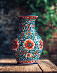 ceramic vase, flowerpot, turkish tile art, on the wooden table, rustic shooting, realistic