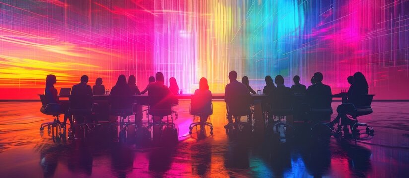 Silhouettes of a group of people gathered together in a vibrant neon lit digital landscape creating an abstract futuristic atmosphere  The image evokes a sense of technology innovation