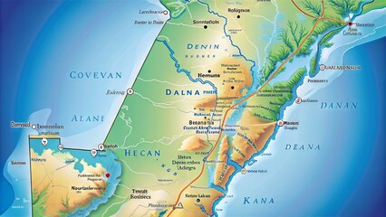 Obraz premium Detailed illustration of Delaware state map showcasing major cities, roads, rivers, and coastal boundaries in vibrant