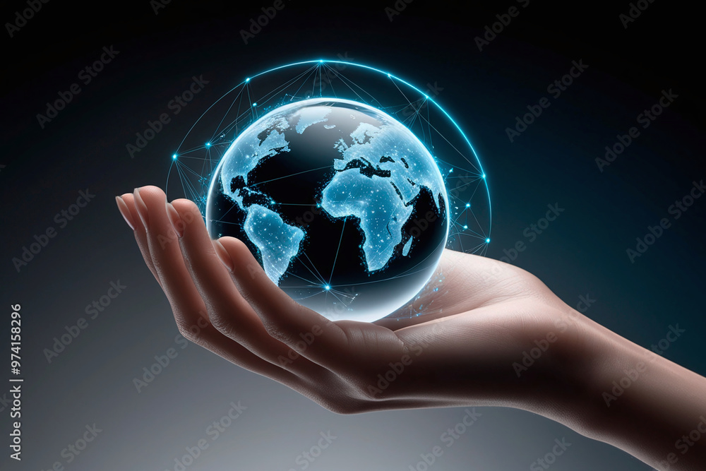 Poster globe in human hand, glowing lines on dark background. 3d rendering