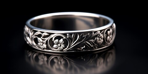 A silver wedding ring with a delicate floral engraving, beautifully contrasted by a black background.
