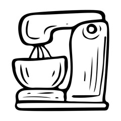 Planetary mixer hand drawn doodle. Electrical appliance with a whisk for mixing and whipping ingredients. Household kitchen equipment. Electric cooking tool. Vector sketch line art illustration.