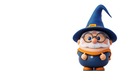 An adorable wizard with glasses and a blue hat stands cheerfully against a plain backdrop