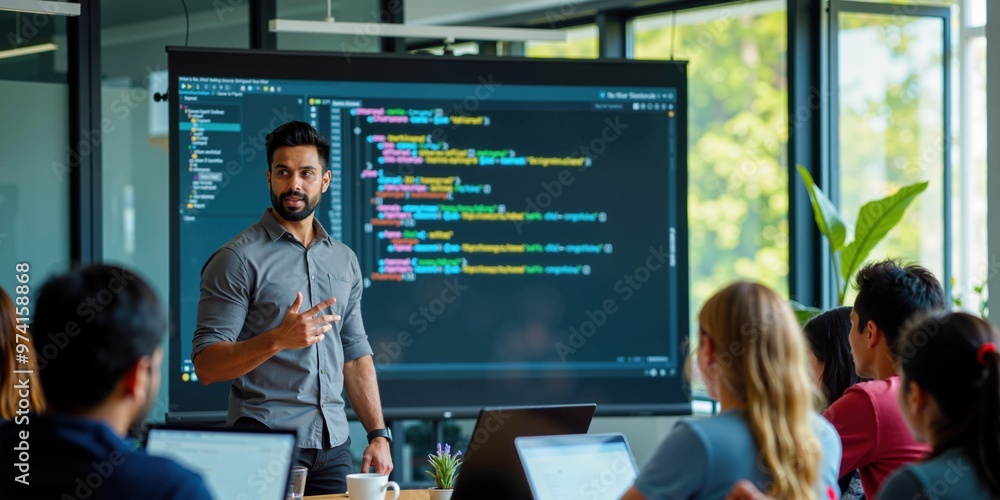 Wall mural indian male programming teacher explains coding to engaged students in tech classroom