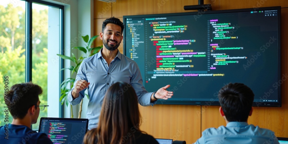 Wall mural indian male programming teacher explains coding to engaged students in tech classroom