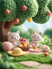 Fototapeta premium Pastel 3D clay-style animals enjoy a delightful picnic under a tree