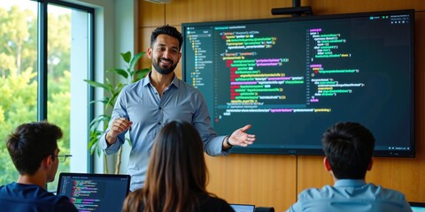 Indian Male Programming Teacher Explains Coding to Engaged Students in Tech Classroom