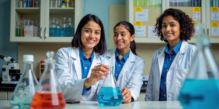 Indian Female Students in Chemistry Lab Conducting Experiments with Beakers - Powered by Adobe