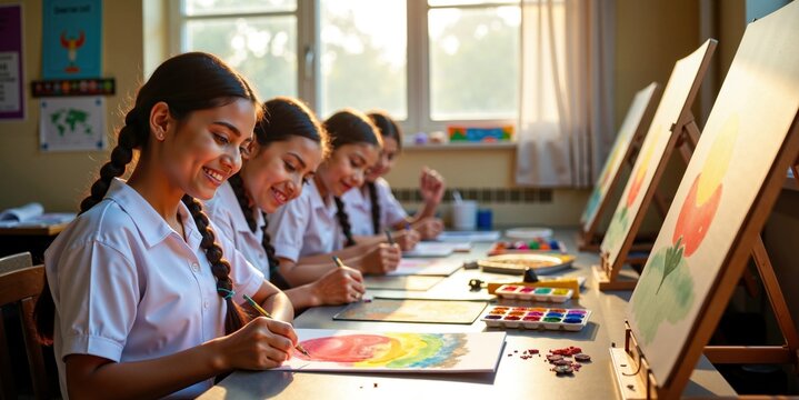 Creative Indian Schoolgirls Expressing Themselves Through Art in Classroom