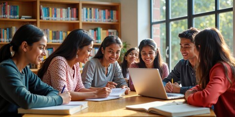 Diverse Group of Indian Students Studying and Collaborating in Modern Library