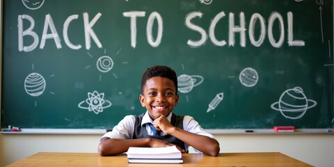 Excited African American Schoolboy Posing Playfully in Front of 'Back to School' Chalkboard