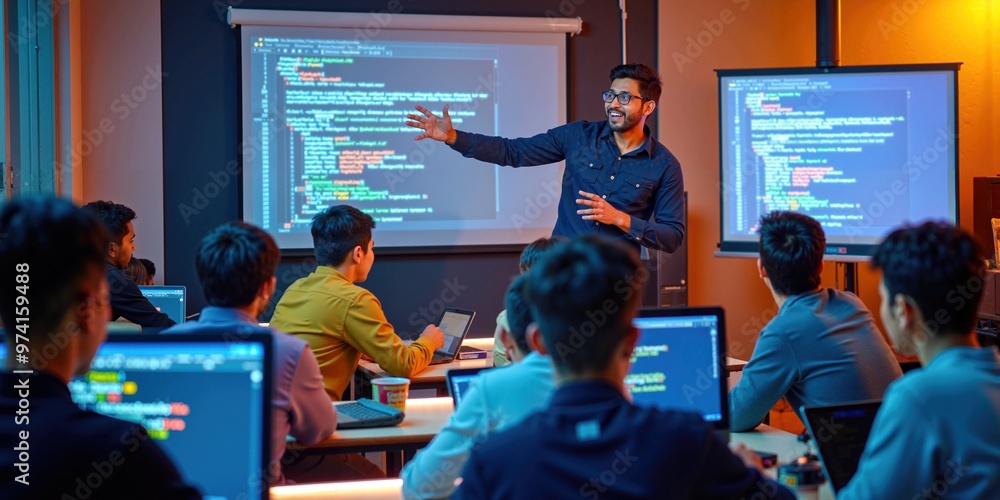 Wall mural indian male programming teacher explains coding to engaged students in tech classroom