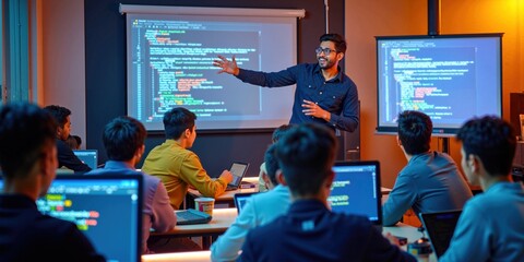 Indian Male Programming Teacher Explains Coding to Engaged Students in Tech Classroom