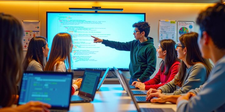 Indian Student Presenting Programming Code to Peers in Interactive Classroom Setting