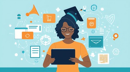 This image presents the concept of online learning. A woman is using a tablet in the foreground, while icons representing a diploma and other educational elements are shown behind her
