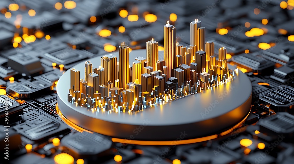 Poster a futuristic cityscape rests on a circuit board, symbolizing the intersection of urbanization and di
