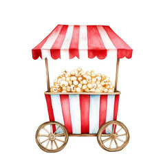 A charming vintage popcorn cart with a striped canopy, filled with fresh popcorn, perfect for events and cinema themes.